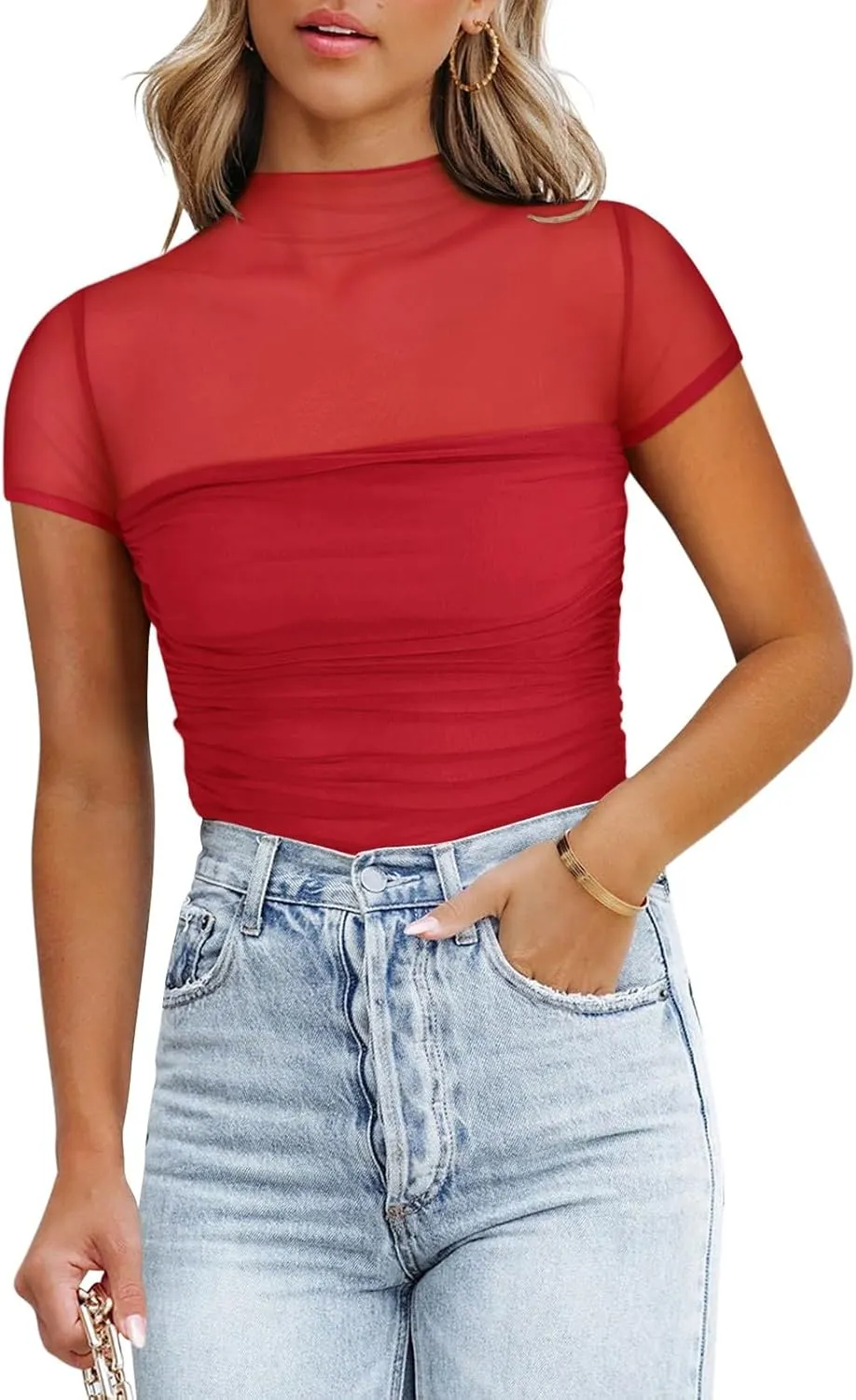 REORIA Women's Sexy Mock Turtle Neck Short Sleeve Shirts Sheer Mesh Ruched Trendy Going Out Bodysuits Tops