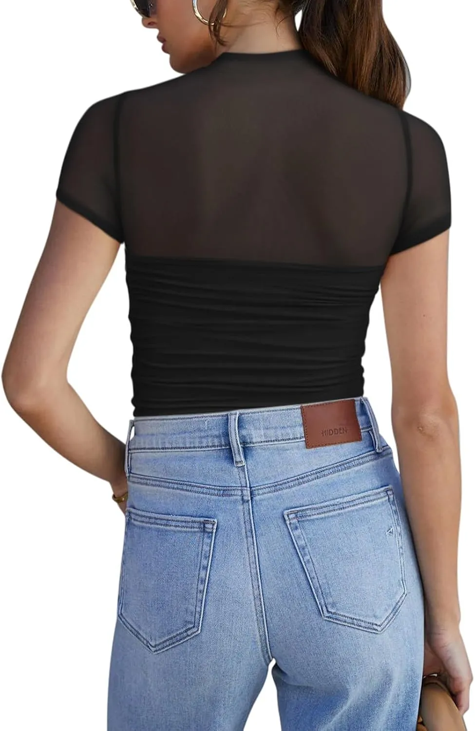 REORIA Women's Sexy Mock Turtle Neck Short Sleeve Shirts Sheer Mesh Ruched Trendy Going Out Bodysuits Tops