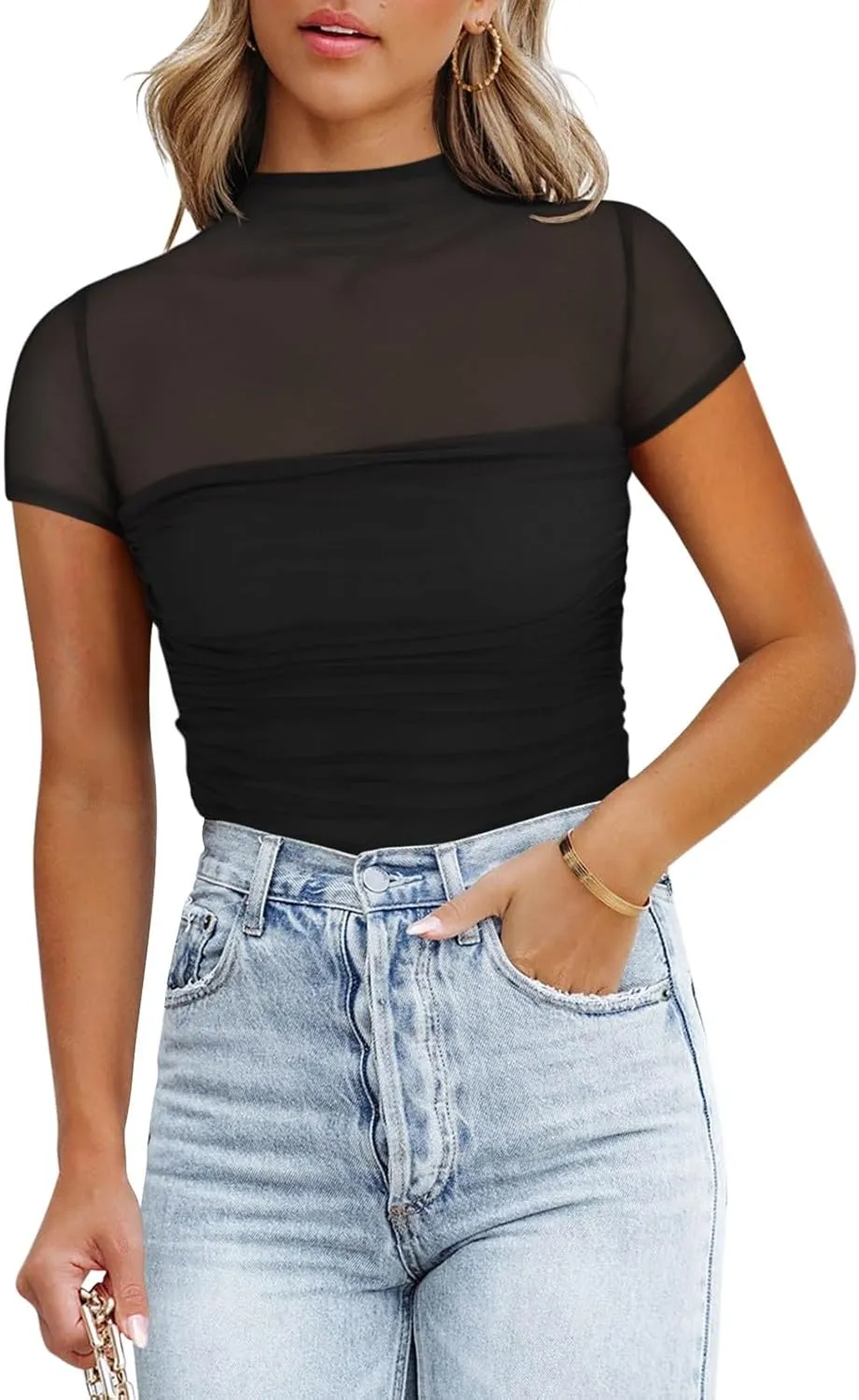 REORIA Women's Sexy Mock Turtle Neck Short Sleeve Shirts Sheer Mesh Ruched Trendy Going Out Bodysuits Tops