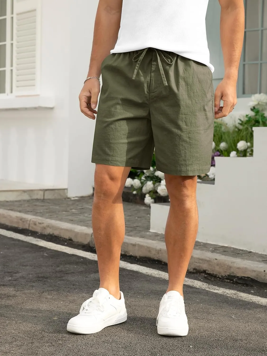 RQP Mens Cotton Linen Shorts Casual Drawstring 7inch Inseam Shorts Stretch Summer Beach Wear