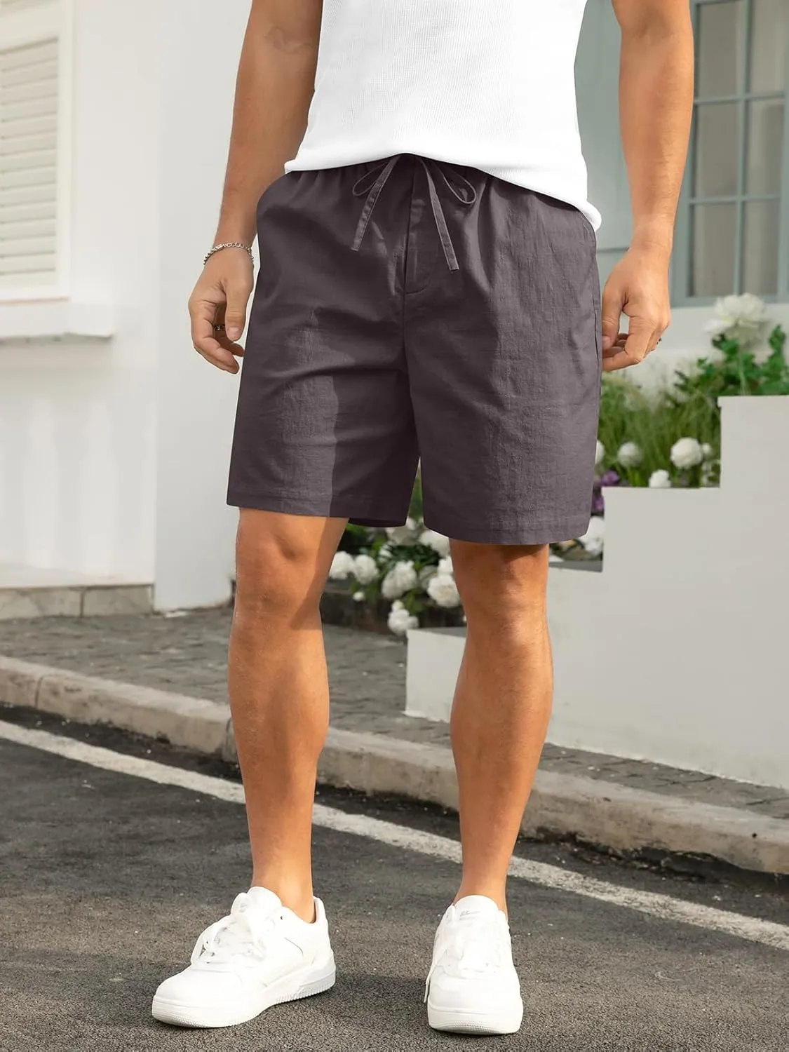 RQP Mens Cotton Linen Shorts Casual Drawstring 7inch Inseam Shorts Stretch Summer Beach Wear