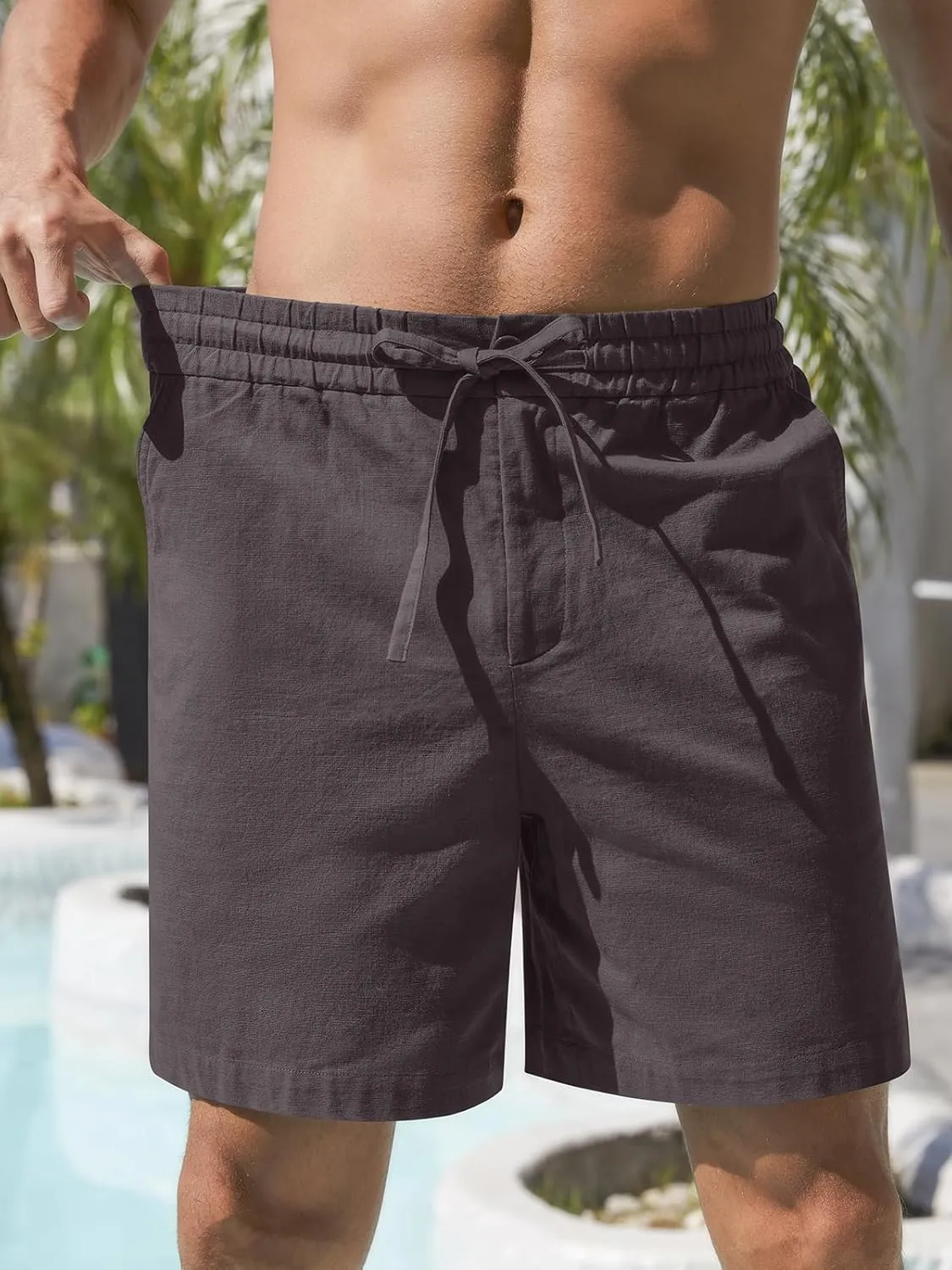 RQP Mens Cotton Linen Shorts Casual Drawstring 7inch Inseam Shorts Stretch Summer Beach Wear