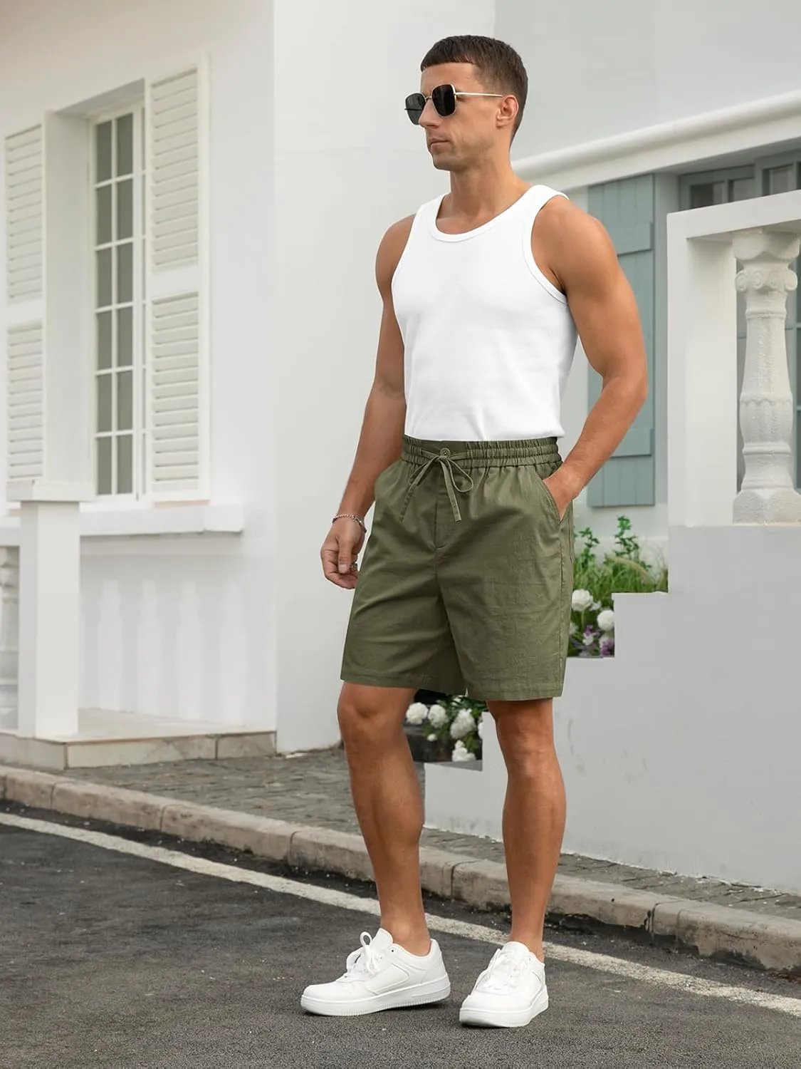 RQP Mens Cotton Linen Shorts Casual Drawstring 7inch Inseam Shorts Stretch Summer Beach Wear