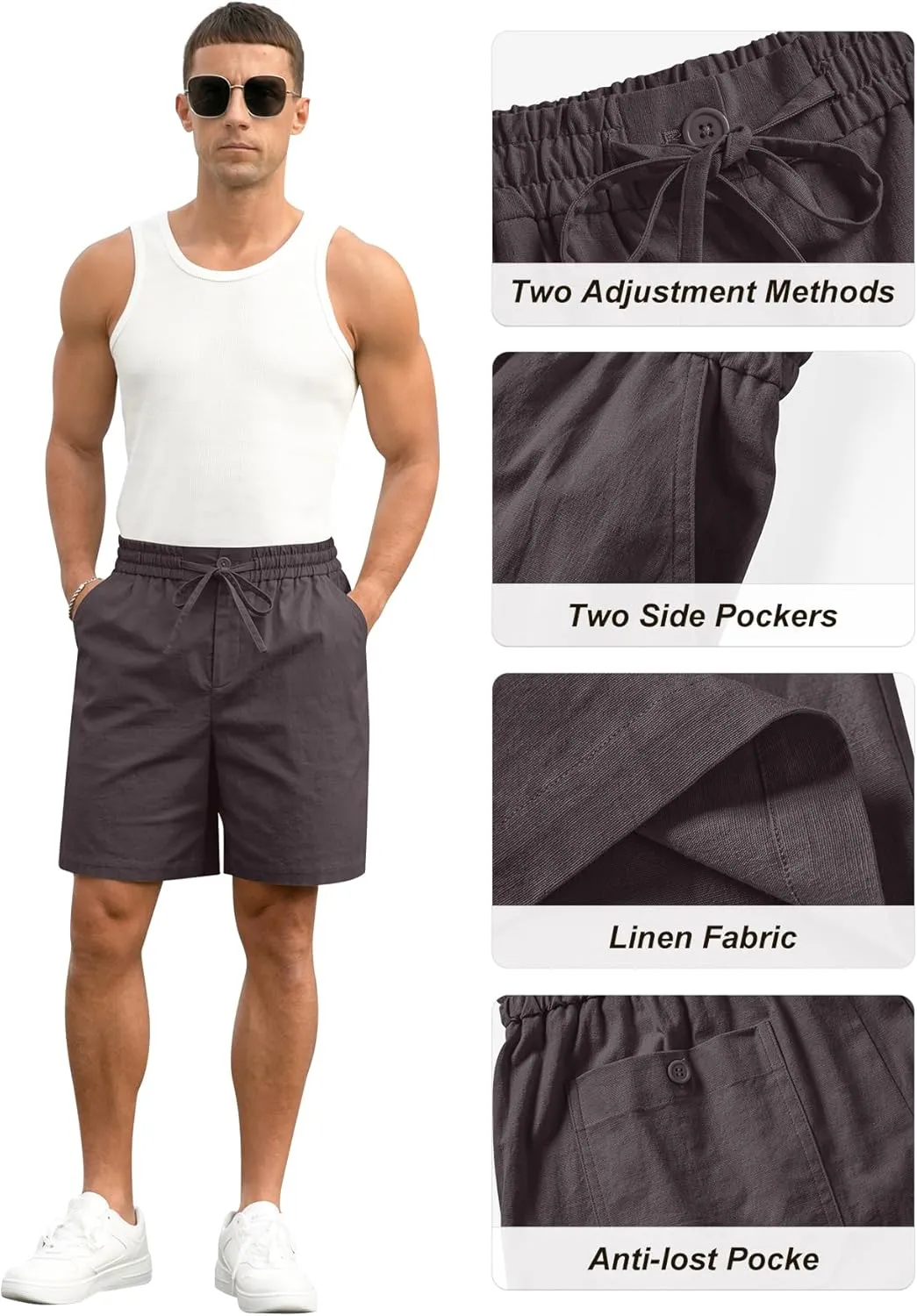 RQP Mens Cotton Linen Shorts Casual Drawstring 7inch Inseam Shorts Stretch Summer Beach Wear
