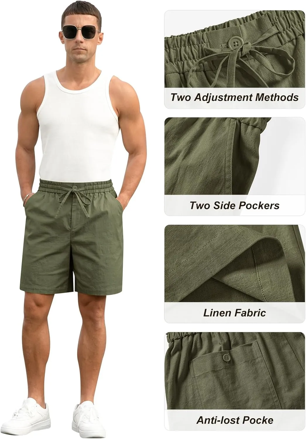 RQP Mens Cotton Linen Shorts Casual Drawstring 7inch Inseam Shorts Stretch Summer Beach Wear