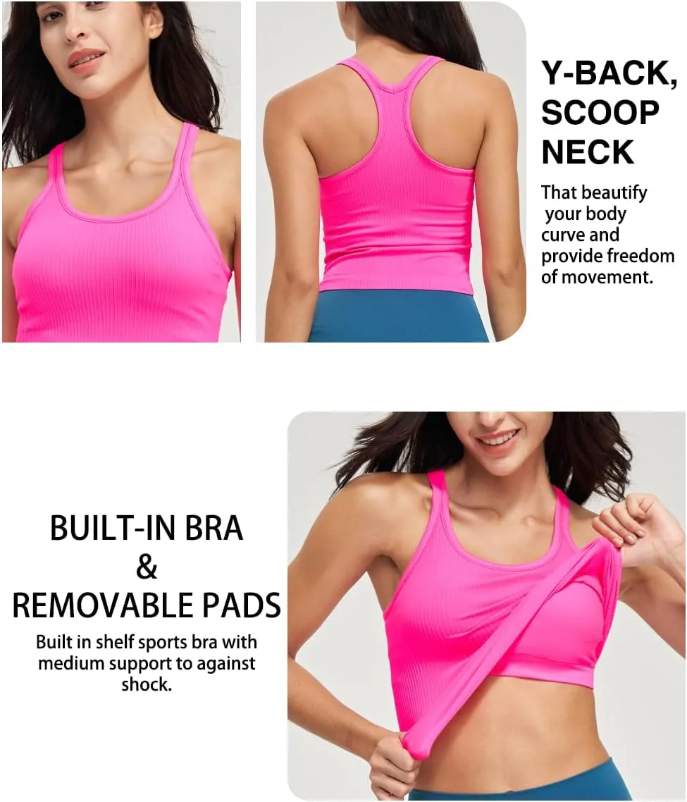 Seamless Ribbed Workout Racerback Tank Tops with Built in Shelf Bra for Women