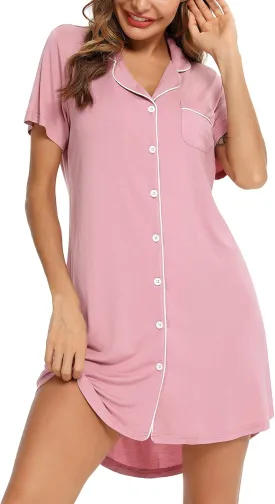 Senert Nightgown for Women Sleep Shirt Short Long Sleeve Sleepwear Boyfriend Nightshirt Button Down Pajama Dress S-XXL