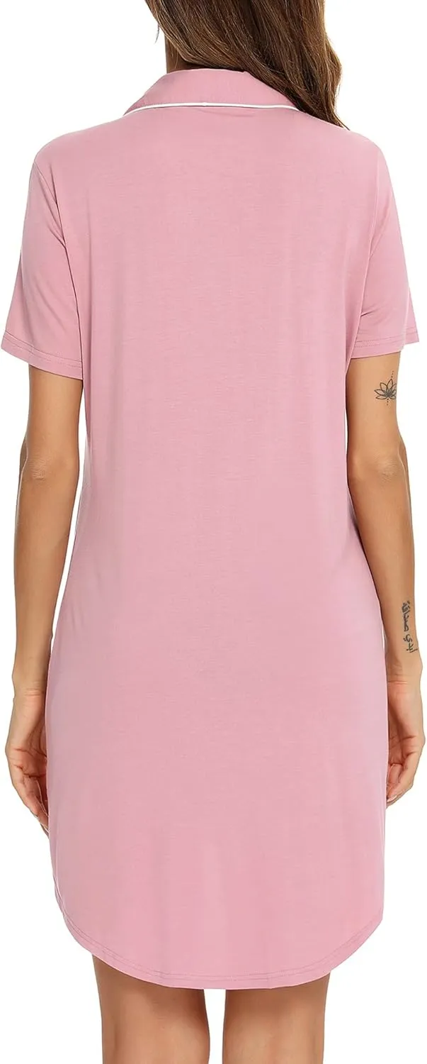 Senert Nightgown for Women Sleep Shirt Short Long Sleeve Sleepwear Boyfriend Nightshirt Button Down Pajama Dress S-XXL