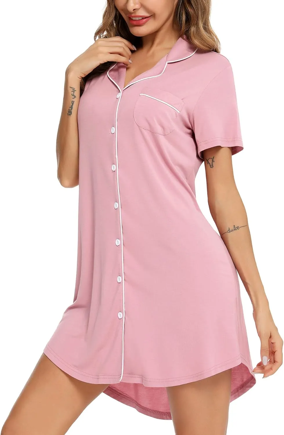 Senert Nightgown for Women Sleep Shirt Short Long Sleeve Sleepwear Boyfriend Nightshirt Button Down Pajama Dress S-XXL