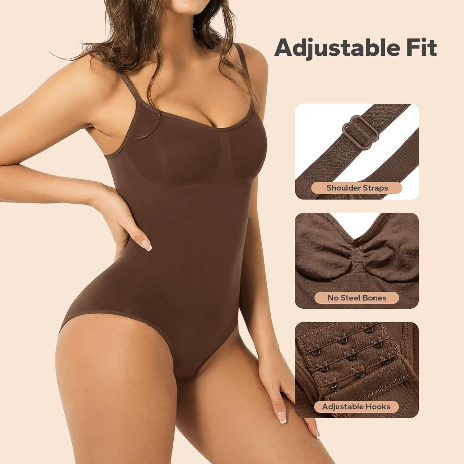 Shapewear, Bodysuit for Women, Tummy Control Bodysuit with Adjustable Straps, Seamless Snatched Body Shaper
