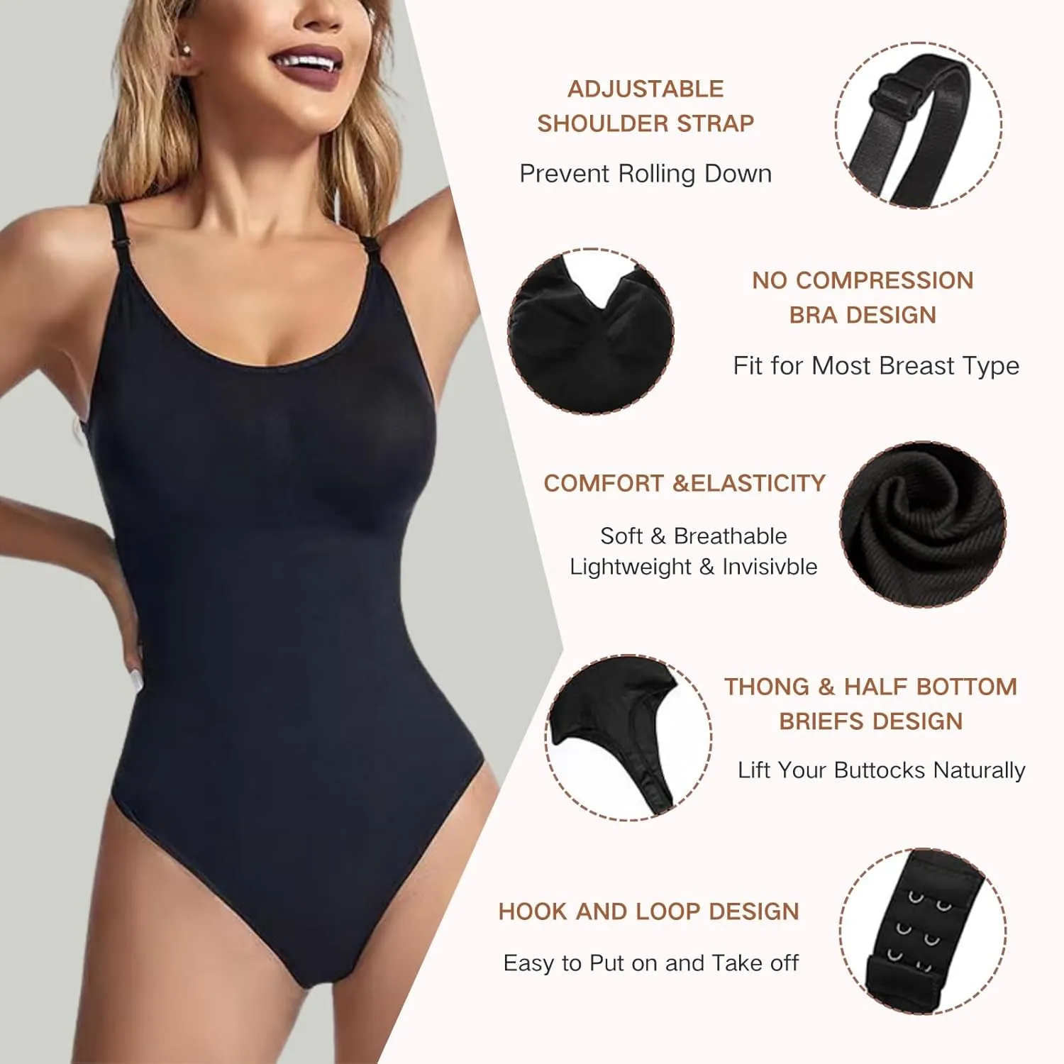 Shapewear Tummy Control, Bodysuits for Women, Adjustable Body Suit, Seamless Sculpting Thong Body Shaper