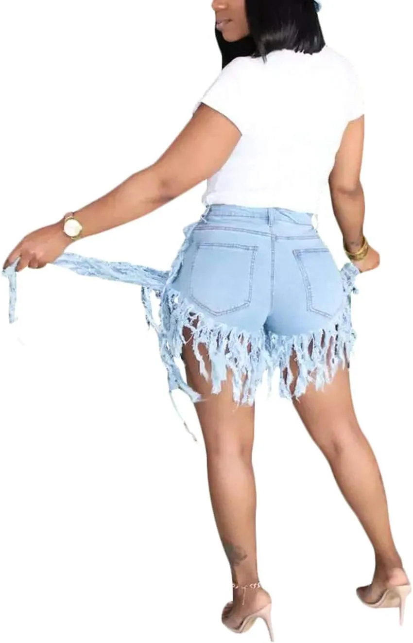 SIAEAMRG Jean Shorts for Women Juniors, Summer High Waisted Stretchy Frayed Raw Hem Tassels Denim Shorts