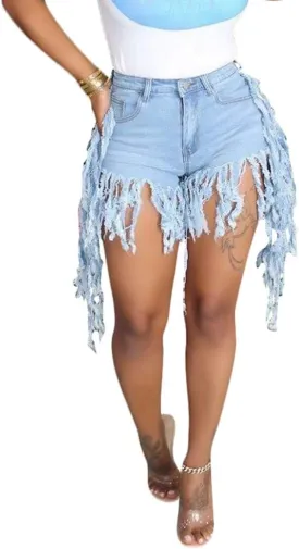 SIAEAMRG Jean Shorts for Women Juniors, Summer High Waisted Stretchy Frayed Raw Hem Tassels Denim Shorts