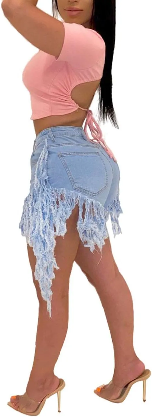 SIAEAMRG Jean Shorts for Women Juniors, Summer High Waisted Stretchy Frayed Raw Hem Tassels Denim Shorts