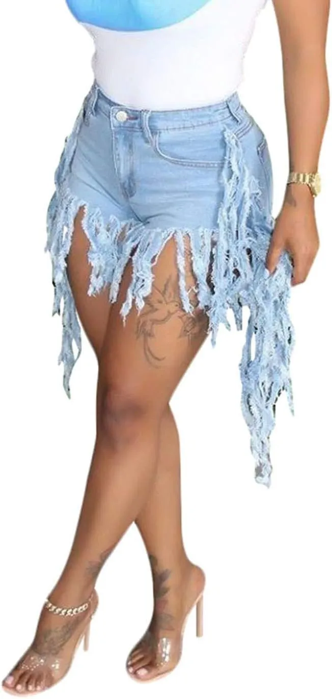 SIAEAMRG Jean Shorts for Women Juniors, Summer High Waisted Stretchy Frayed Raw Hem Tassels Denim Shorts