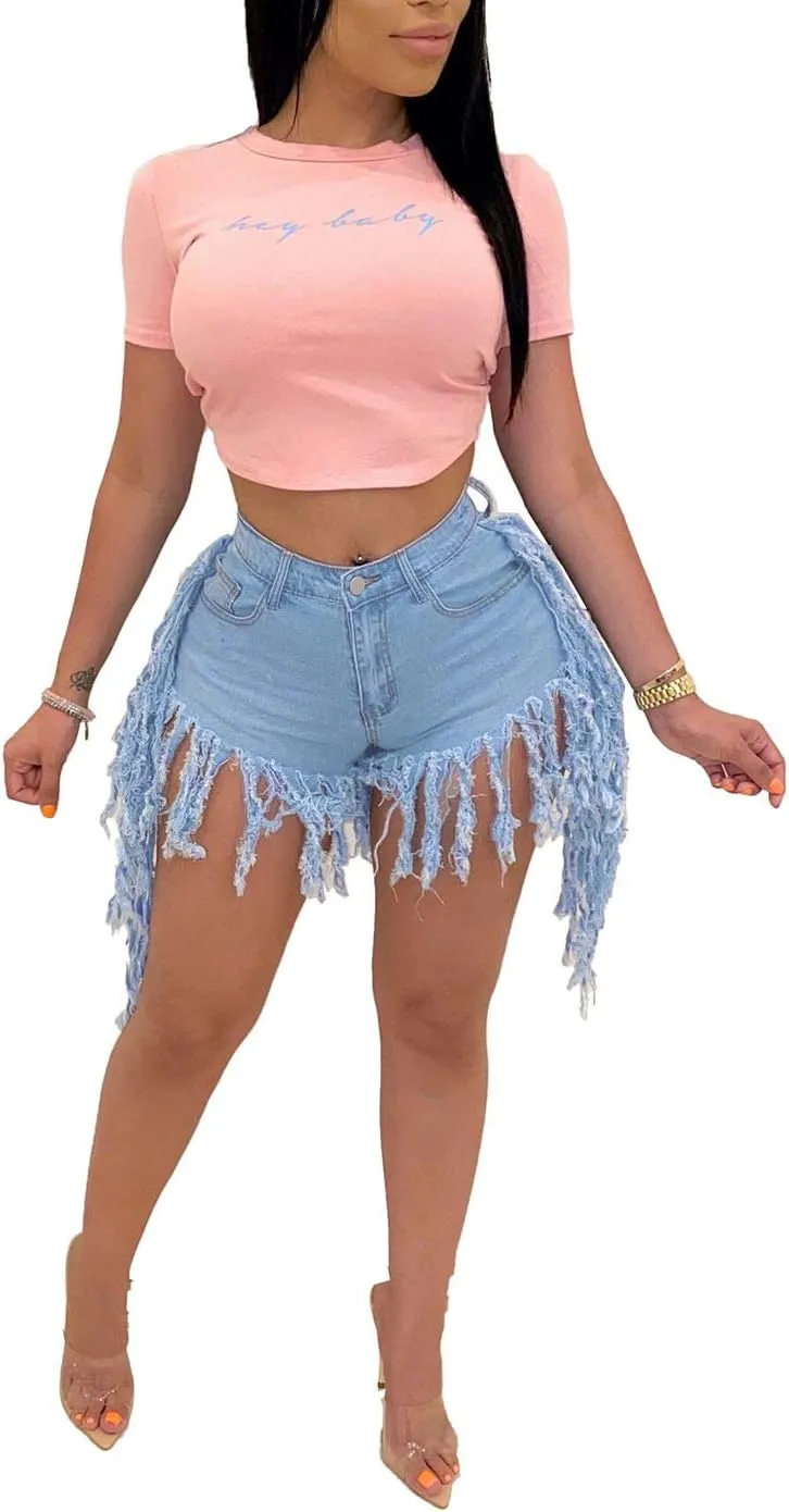SIAEAMRG Jean Shorts for Women Juniors, Summer High Waisted Stretchy Frayed Raw Hem Tassels Denim Shorts