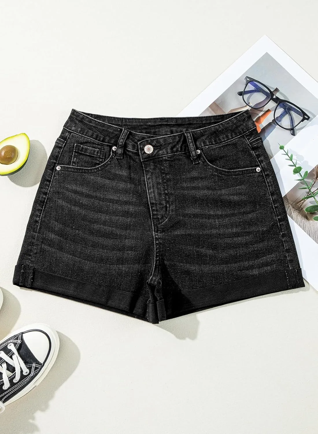 Sidefeel Women's Jean Shorts High Waisted Stretchy Casual Rolled Hem Zimbaplatinum Denim Shorts