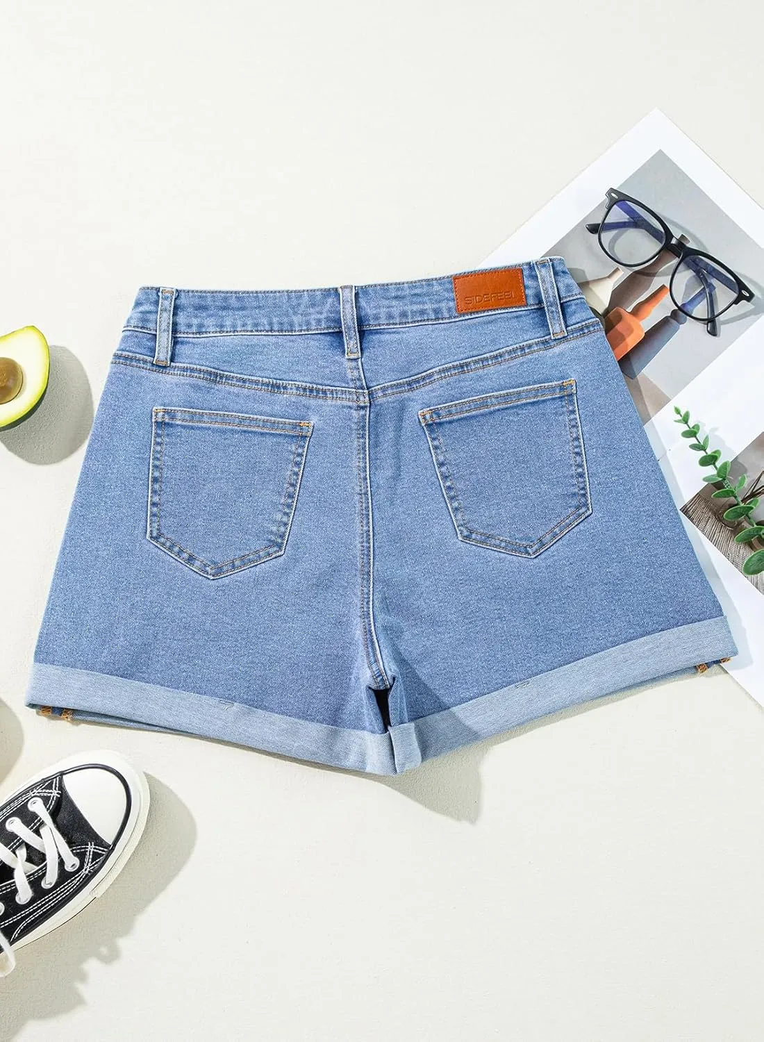 Sidefeel Women's Jean Shorts High Waisted Stretchy Casual Rolled Hem Zimbaplatinum Denim Shorts