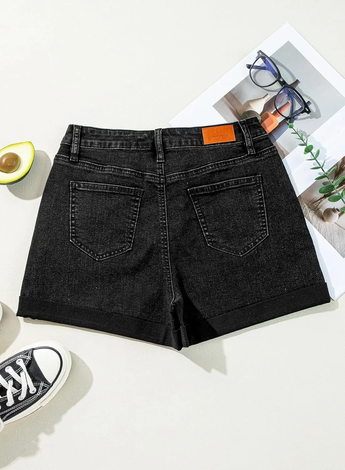 Sidefeel Women's Jean Shorts High Waisted Stretchy Casual Rolled Hem Zimbaplatinum Denim Shorts