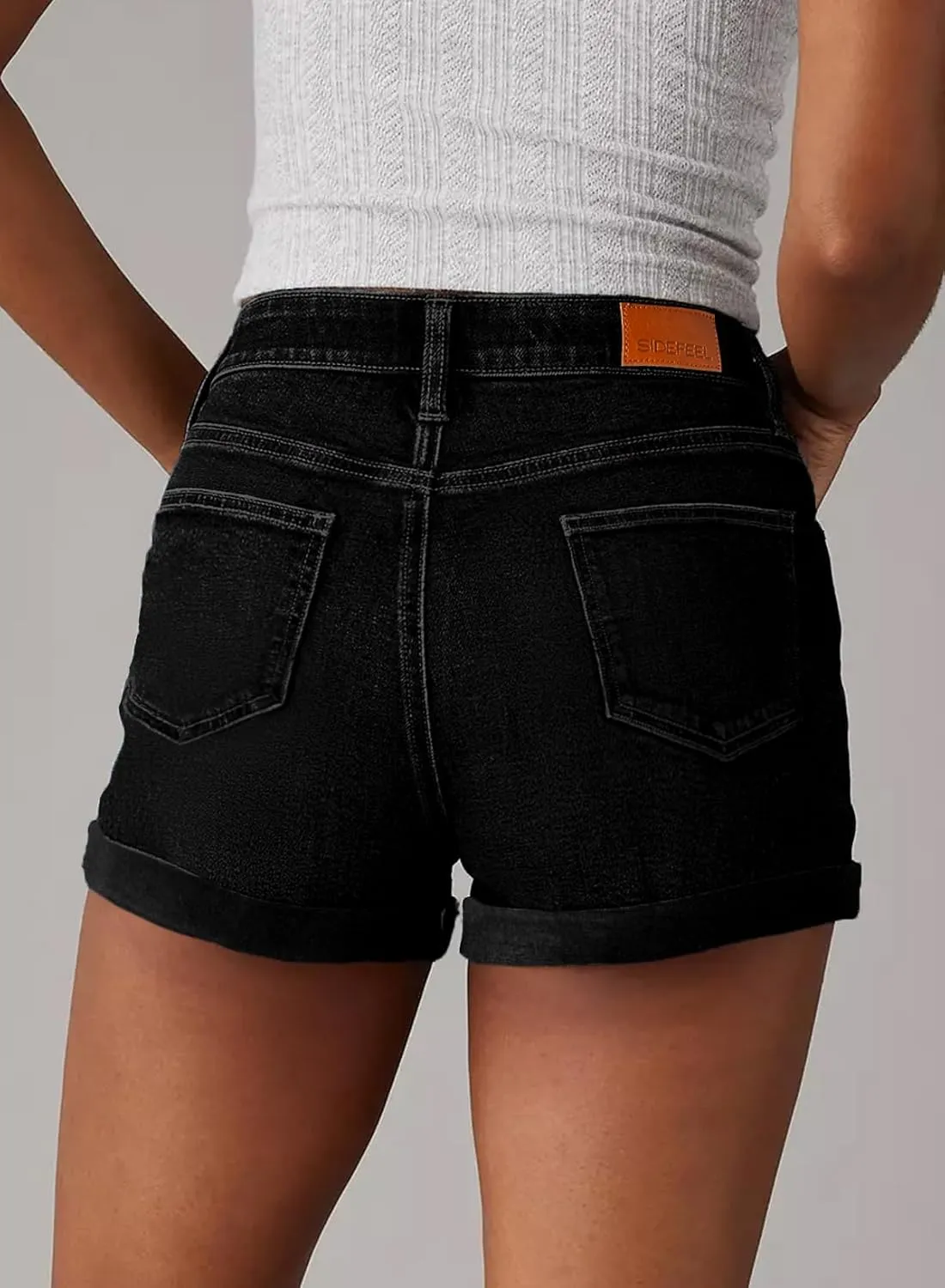 Sidefeel Women's Jean Shorts High Waisted Stretchy Casual Rolled Hem Zimbaplatinum Denim Shorts