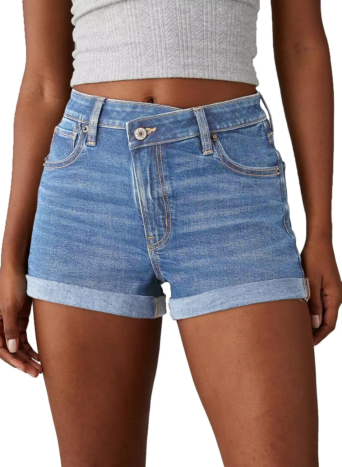 Sidefeel Women's Jean Shorts High Waisted Stretchy Casual Rolled Hem Zimbaplatinum Denim Shorts