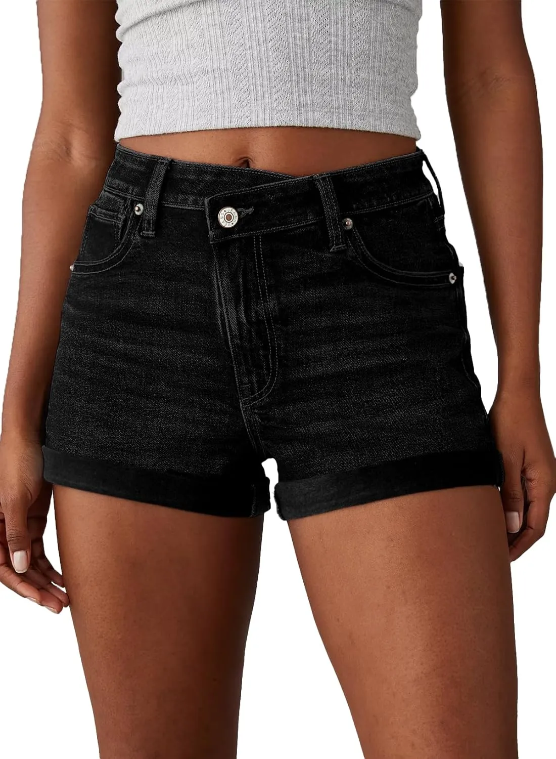 Sidefeel Women's Jean Shorts High Waisted Stretchy Casual Rolled Hem Zimbaplatinum Denim Shorts