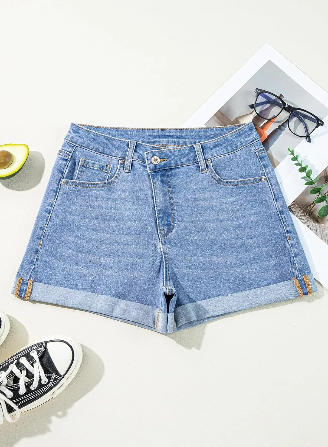 Sidefeel Women's Jean Shorts High Waisted Stretchy Casual Rolled Hem Zimbaplatinum Denim Shorts
