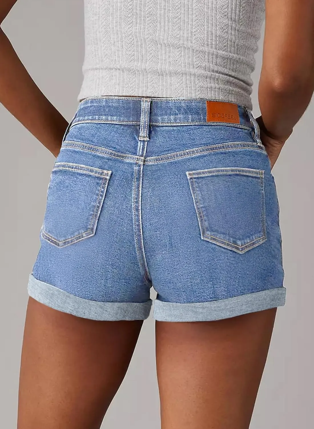 Sidefeel Women's Jean Shorts High Waisted Stretchy Casual Rolled Hem Zimbaplatinum Denim Shorts
