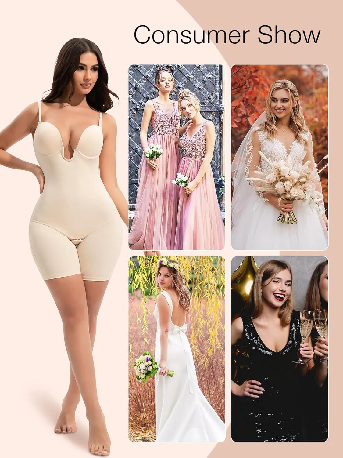 Slimers Backless Shapewear Tummy Control: Low Back Plunge Shapewear Bodysuit - Slimming Built-In Bra Full Body shaper Woman