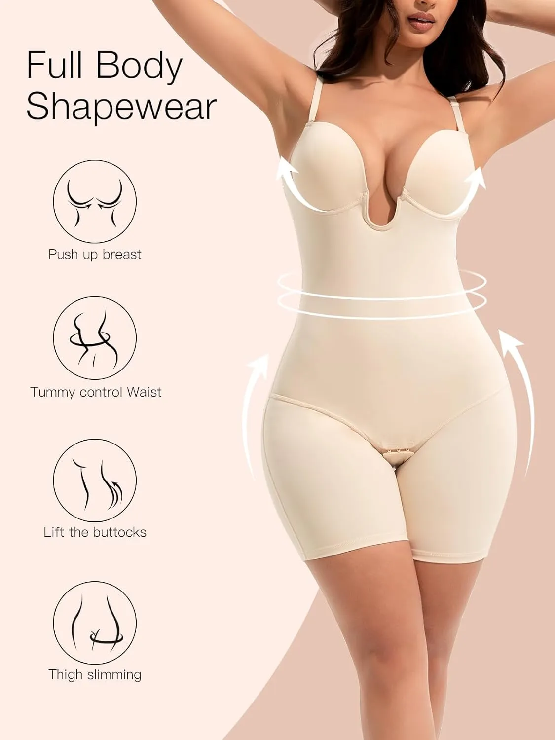 Slimers Backless Shapewear Tummy Control: Low Back Plunge Shapewear Bodysuit - Slimming Built-In Bra Full Body shaper Woman