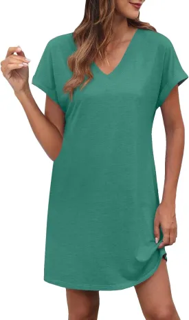 Summer Beach Dresses for Women V Neck Short Sleeve Flowy Knee Length Tshirt Dress Casual Loose Sundress