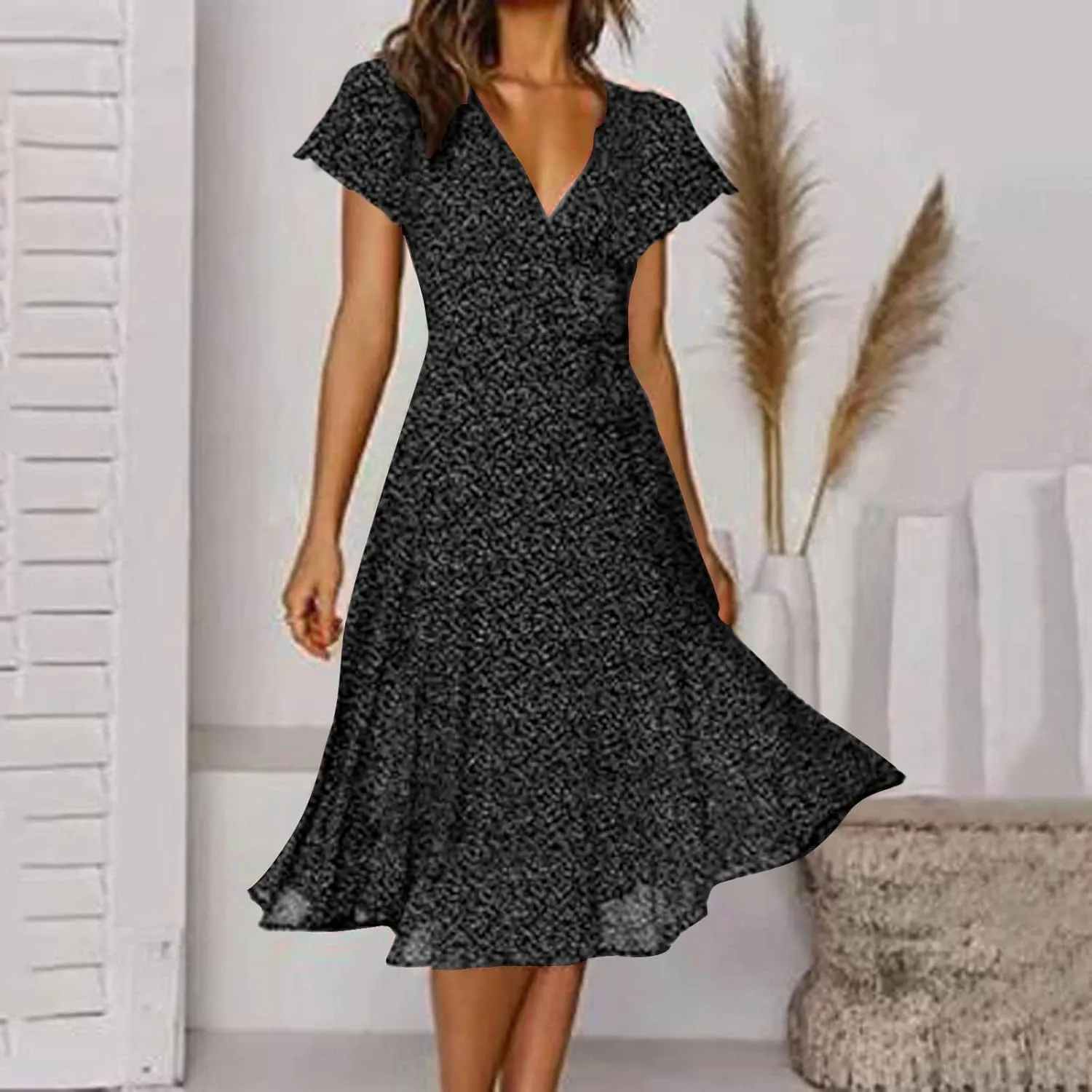 Summer Dresses for Women Floral Boho Dress Beach Casual Mid Length Dress Short Sleeve Flowy Elegant Midi Dresses