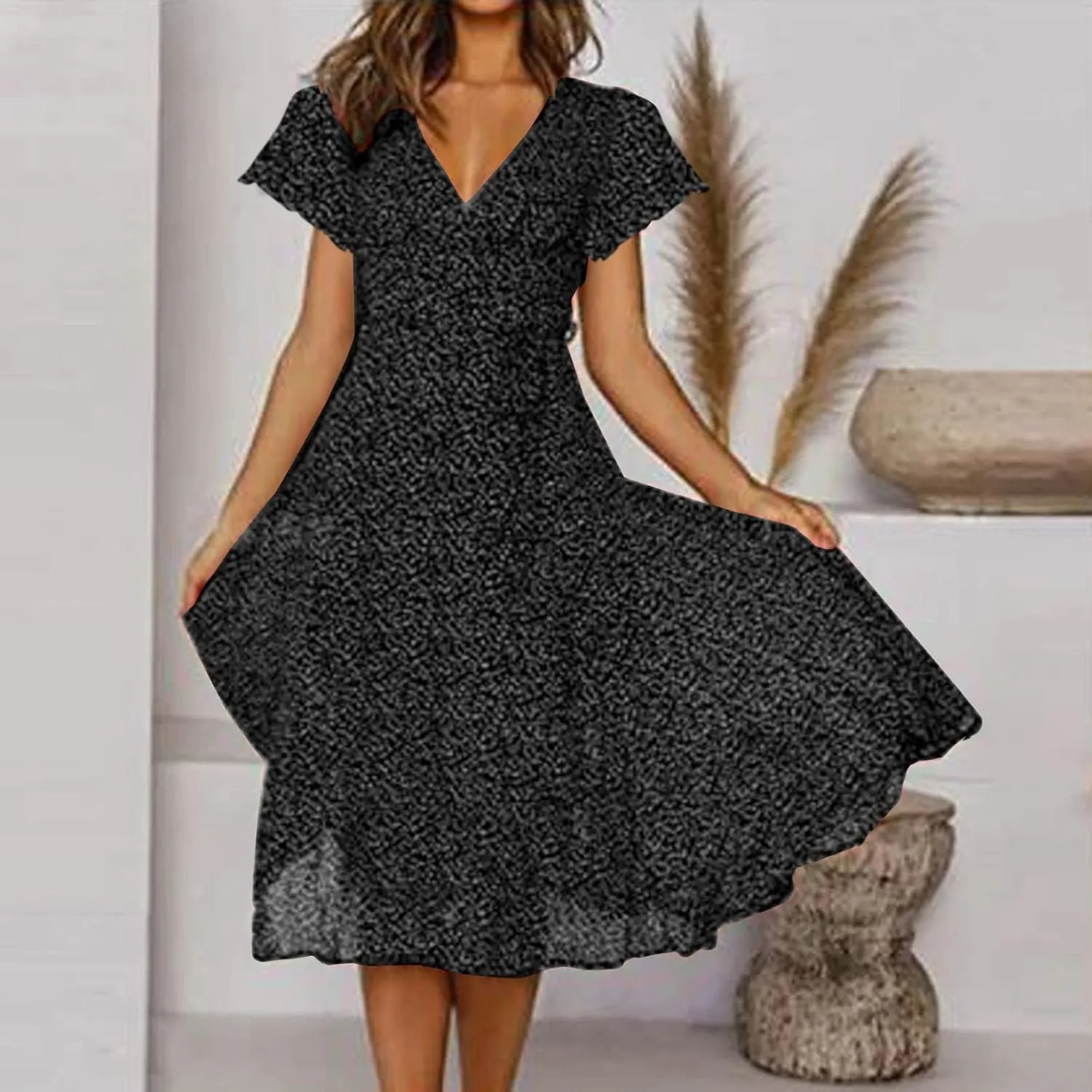 Summer Dresses for Women Floral Boho Dress Beach Casual Mid Length Dress Short Sleeve Flowy Elegant Midi Dresses