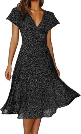 Summer Dresses for Women Floral Boho Dress Beach Casual Mid Length Dress Short Sleeve Flowy Elegant Midi Dresses