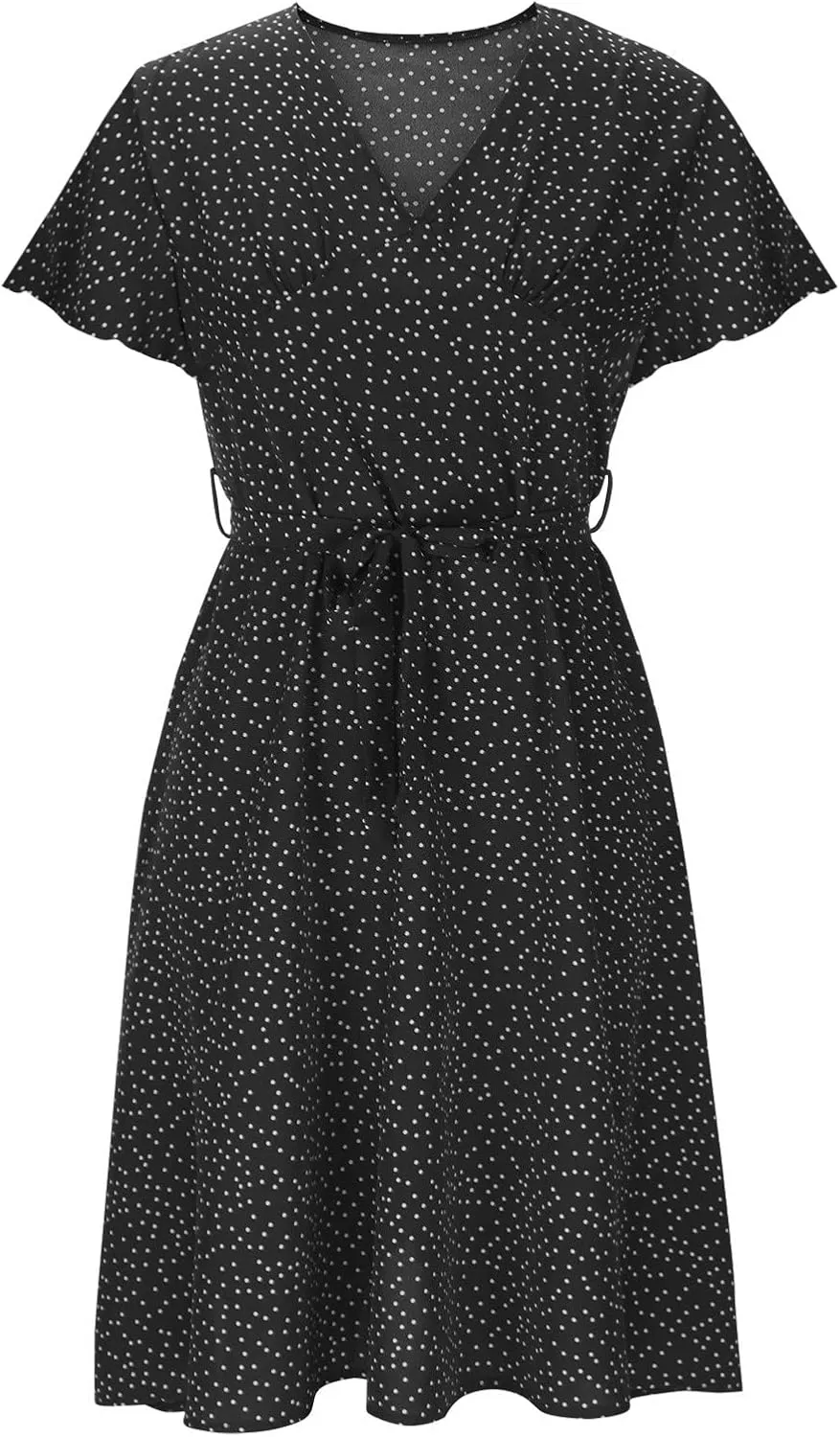 Summer Dresses for Women Floral Boho Dress Beach Casual Mid Length Dress Short Sleeve Flowy Elegant Midi Dresses