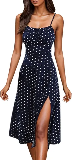 Summer Dresses for Women Spaghetti Strap Polka Dot Midi Dress 2025 Trendy Sexy Sleeveless Slit Beach Boho Sundresses