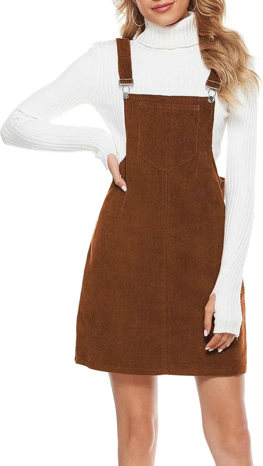 Tanming Women's Corduroy A Line Cute Jumper Pinafore Bib Overall Mini Dress Skirt
