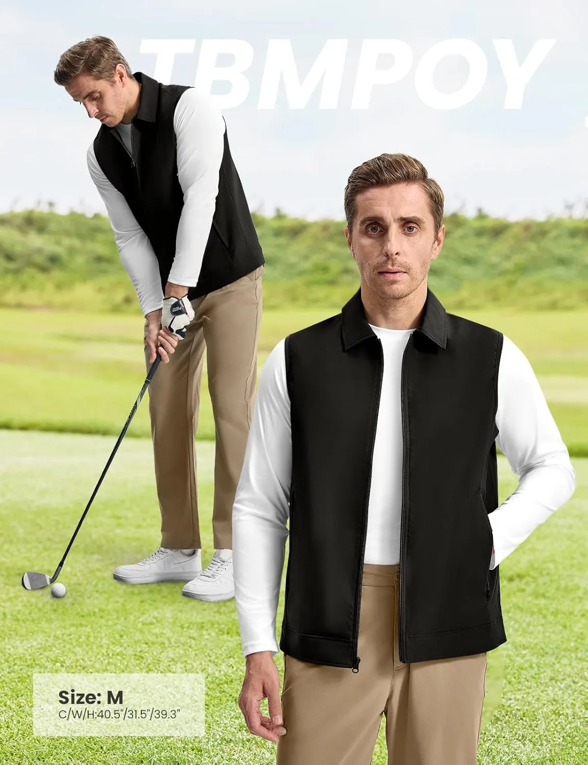 TBMPOY Men's Vest Casual Outerwear Lightweight 3 Zip Pockets Golf Sleeveless Jackets Summer Fall Full Zip Vest Travel