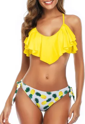 Tempt Me Two Piece Flounce Bikini Side Tie Bottom Padded Ruffled Top Swimsuit for Women Cross Back Bathing Suit