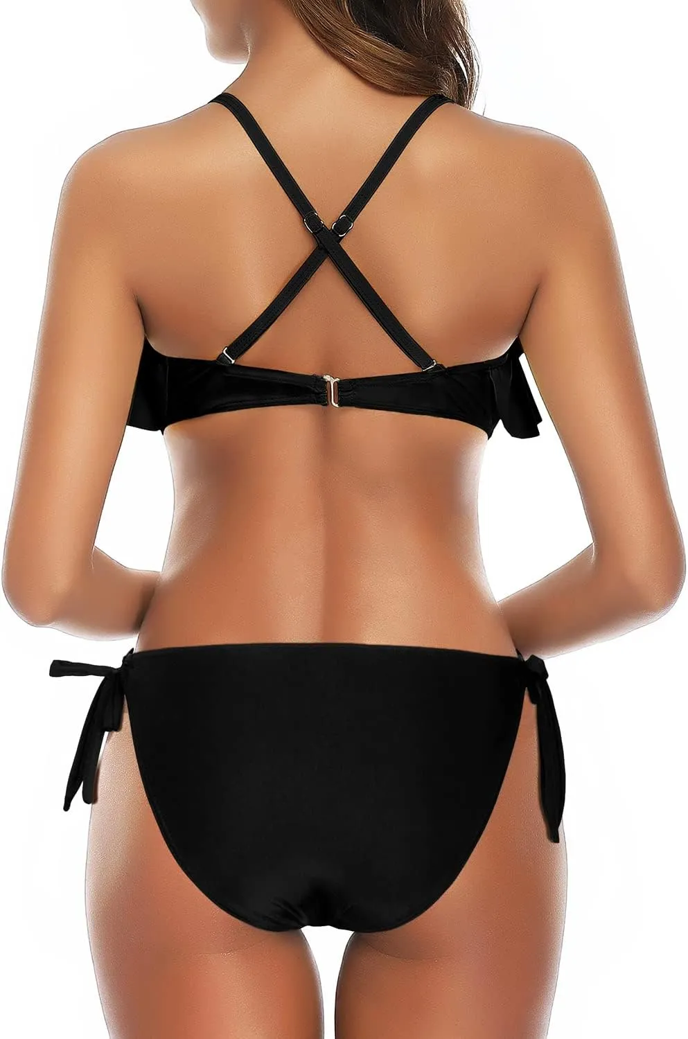 Tempt Me Two Piece Flounce Bikini Side Tie Bottom Padded Ruffled Top Swimsuit for Women Cross Back Bathing Suit