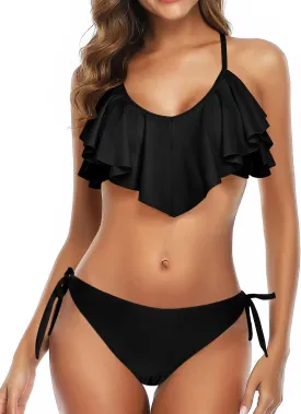Tempt Me Two Piece Flounce Bikini Side Tie Bottom Padded Ruffled Top Swimsuit for Women Cross Back Bathing Suit