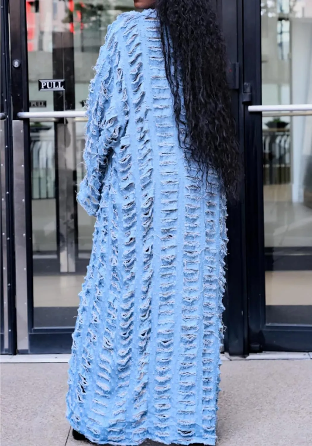 Vakkest Women's Ripped Denim Cardigan Long Jacket Distressed Jean Open Front Kimono Robe Duster Outerwear Trench Coat