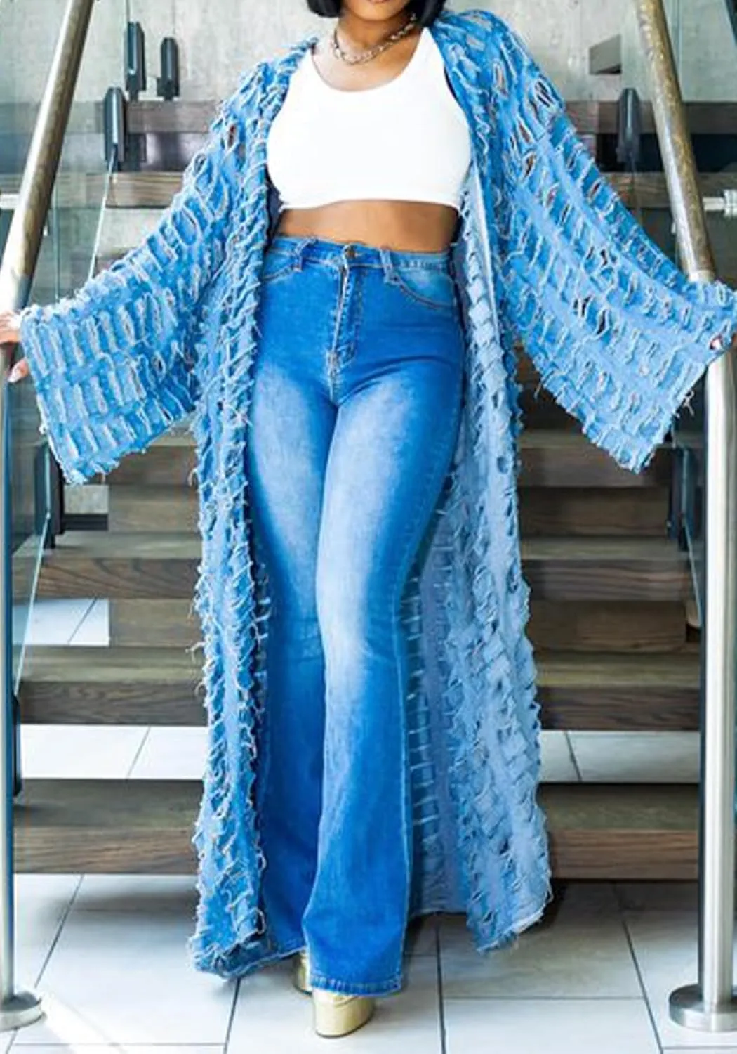 Vakkest Women's Ripped Denim Cardigan Long Jacket Distressed Jean Open Front Kimono Robe Duster Outerwear Trench Coat