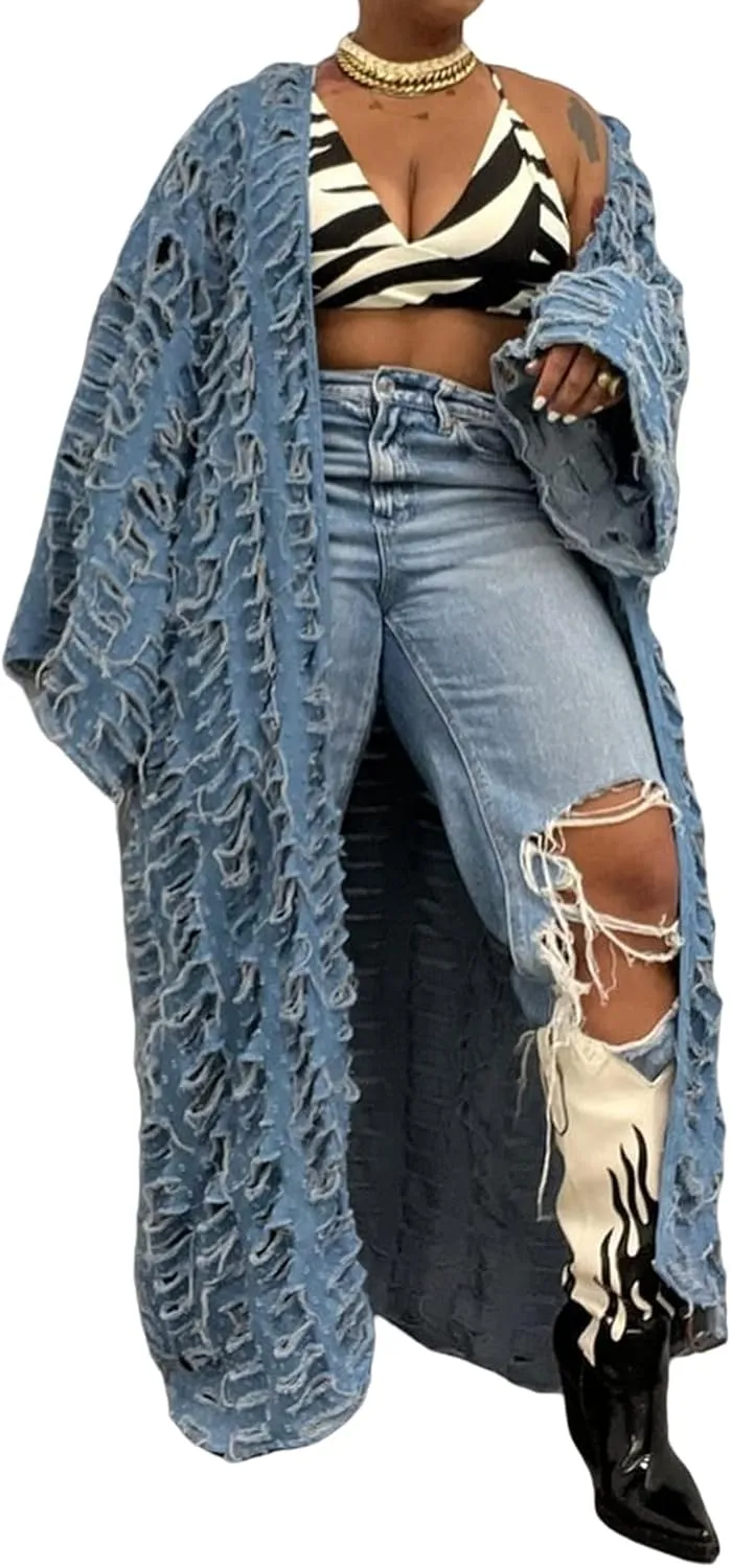 Vakkest Women's Ripped Denim Cardigan Long Jacket Distressed Jean Open Front Kimono Robe Duster Outerwear Trench Coat