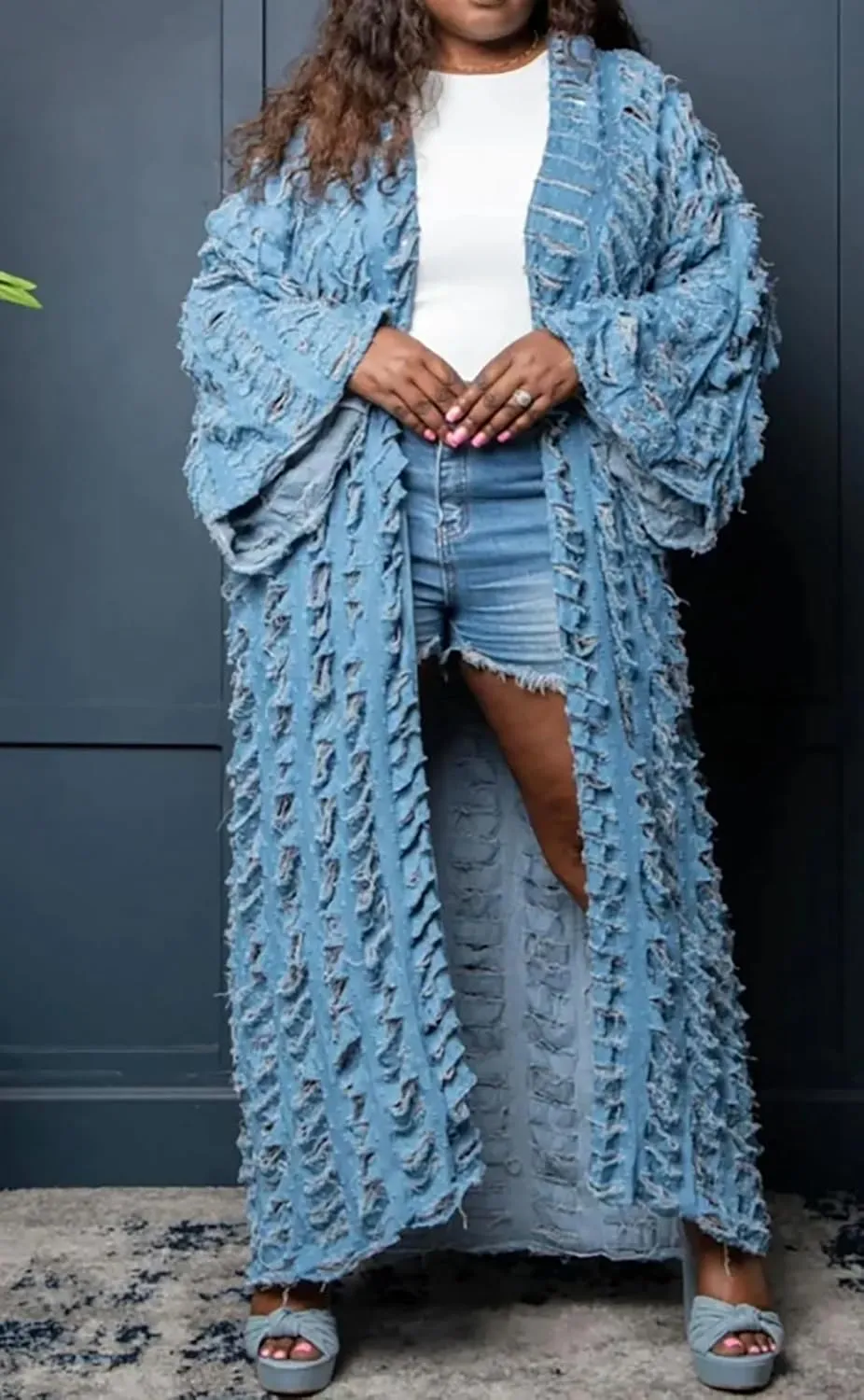 Vakkest Women's Ripped Denim Cardigan Long Jacket Distressed Jean Open Front Kimono Robe Duster Outerwear Trench Coat