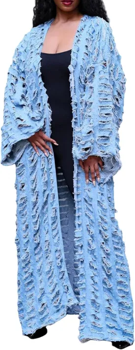Vakkest Women's Ripped Denim Cardigan Long Jacket Distressed Jean Open Front Kimono Robe Duster Outerwear Trench Coat