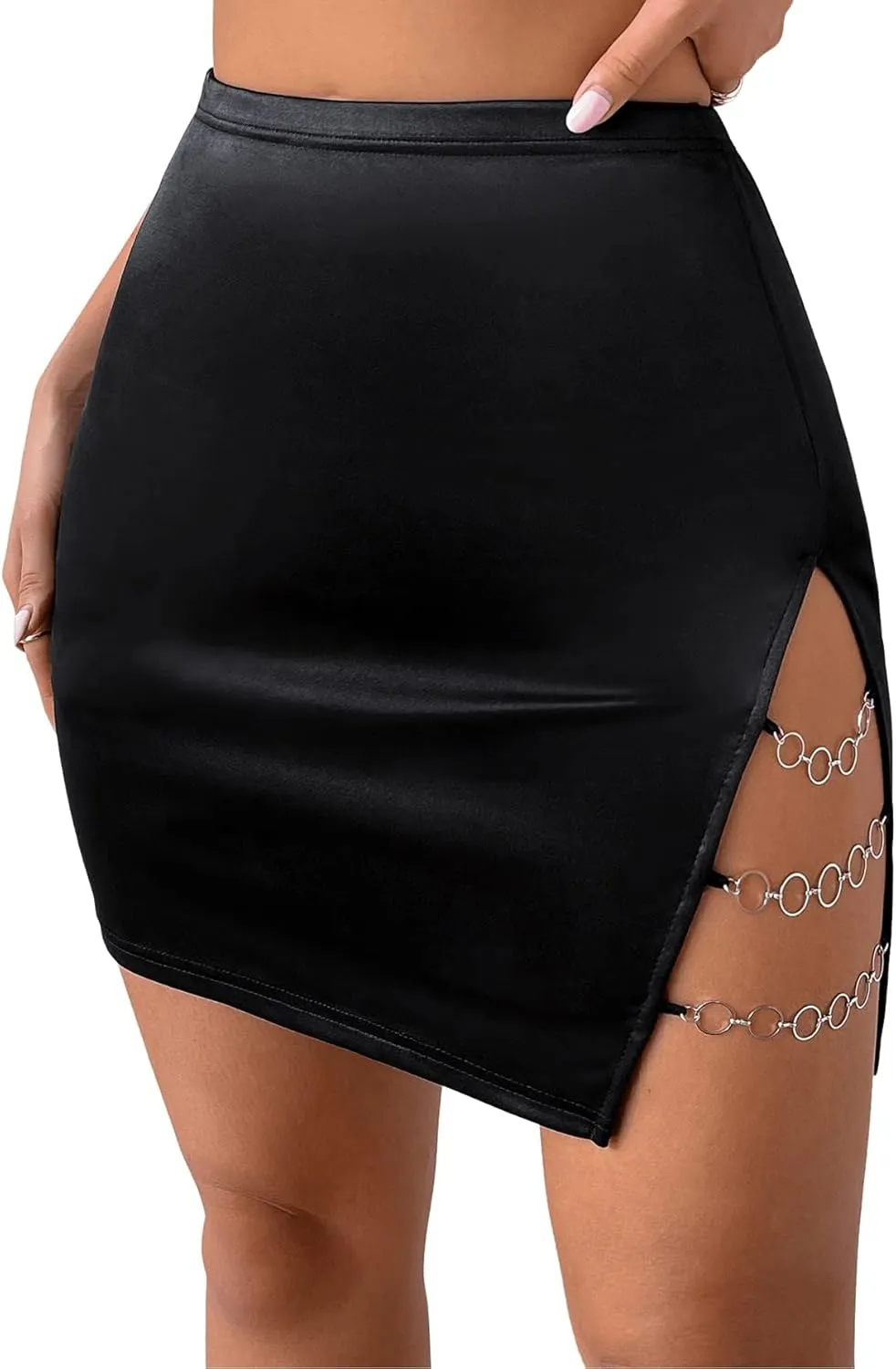 Verdusa Women's High Waist Chain Solid Slit Hem Satin Pencil Bodycon Mini Skirt