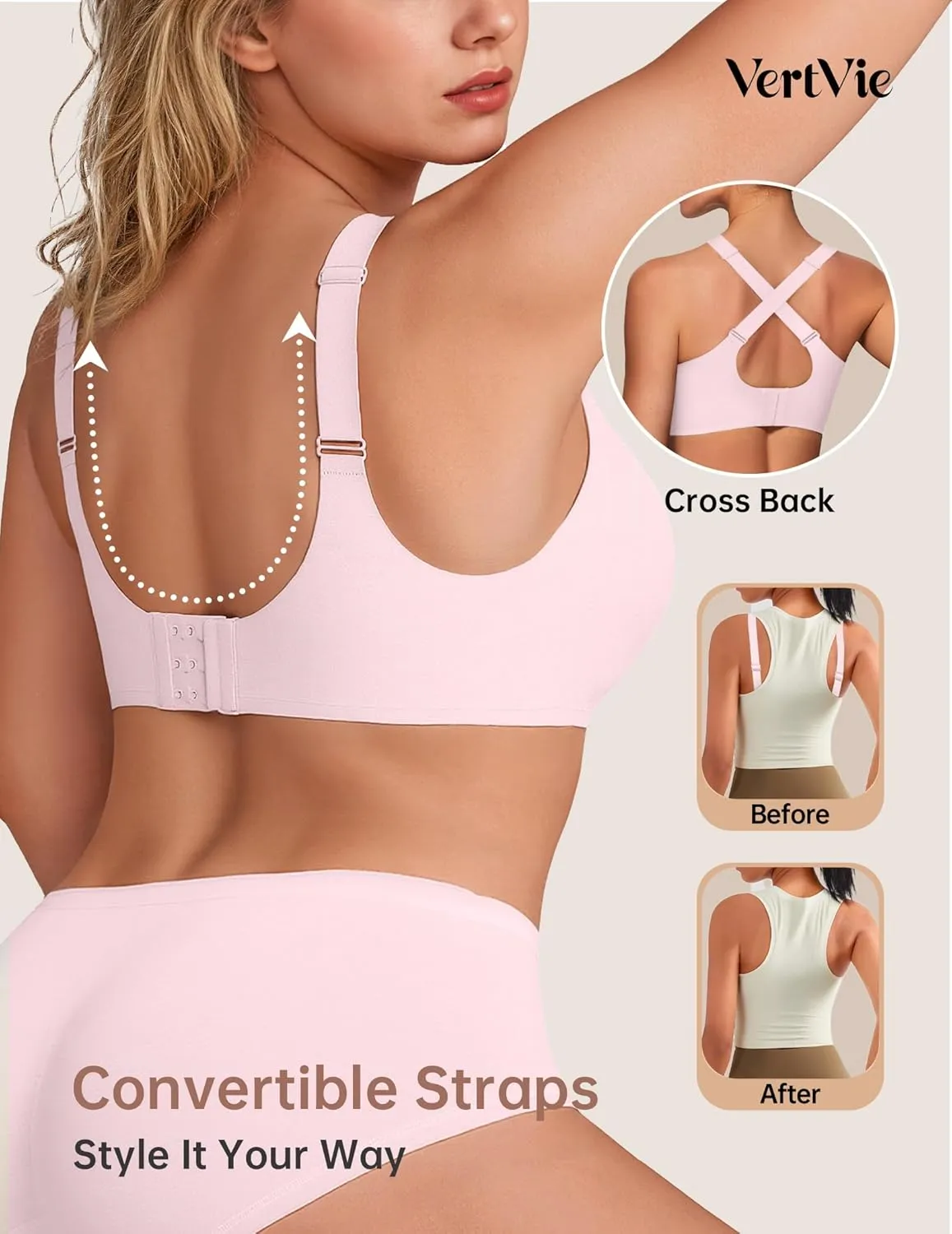 Vertvie Wireless Bras for Women No Underwire Supportive Mesh Crossover Bra Seamless Push Up Full Coverage Everyday Bralettes