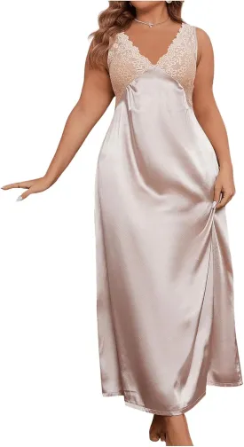 WDIRARA Women's Plus Size Satin Nightgown Double V Neck Lace Backless Long Lingerie Nightdress
