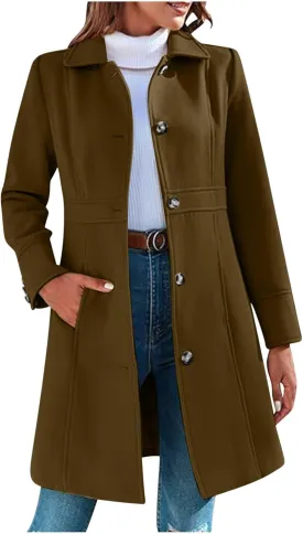 Women Casual Thicken Wool Blend Pea Coat Elegant Long Sleeve Lapel Single Breast Midi Long Trench Coats with Pocket